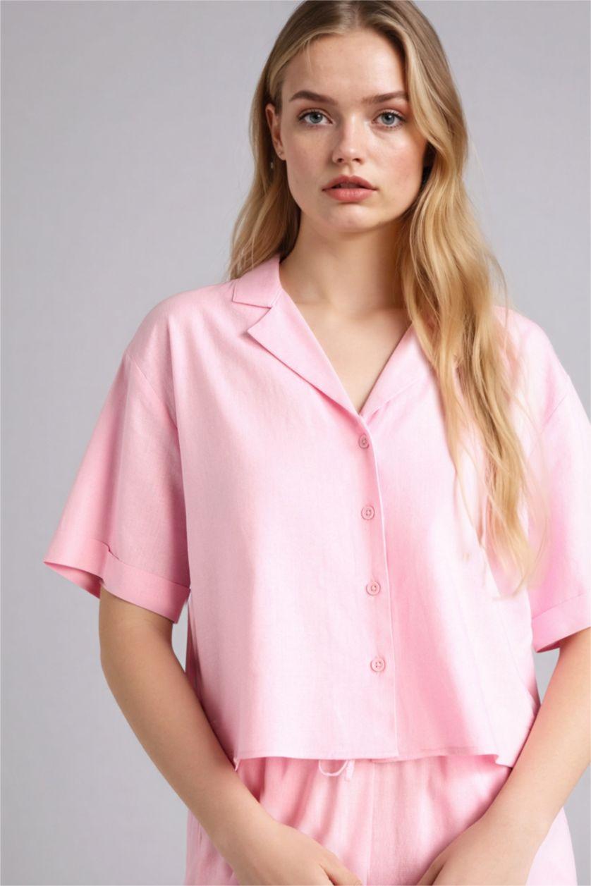 Женщины Светло-розовый Рубашка оверсайз из смесового льна с пижамным воротником и коротким рукавом