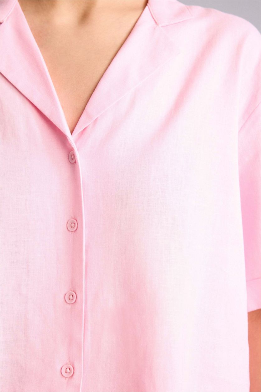 Женщины Светло-розовый Рубашка оверсайз из смесового льна с пижамным воротником и коротким рукавом