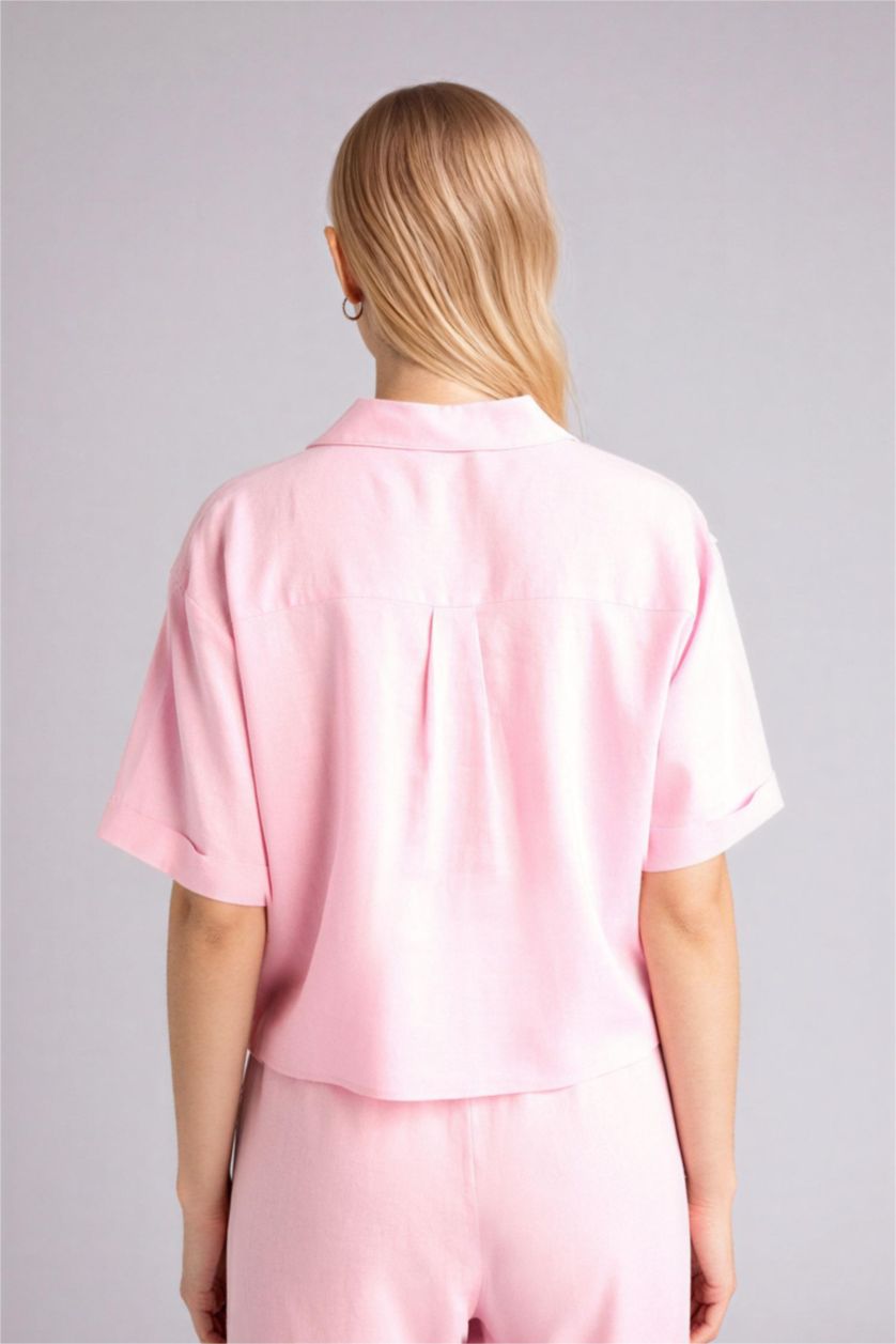 Женщины Светло-розовый Рубашка оверсайз из смесового льна с пижамным воротником и коротким рукавом