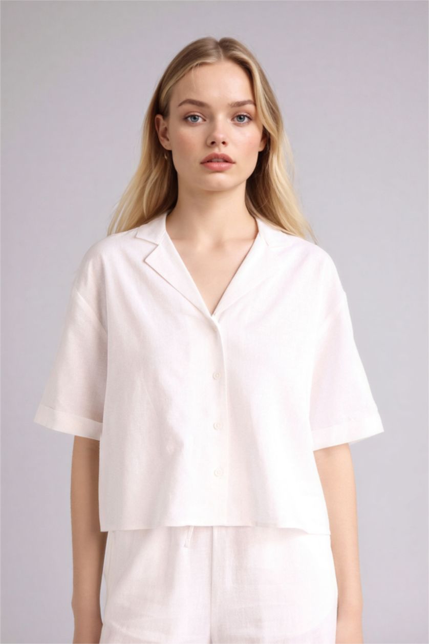 Женщины Кремовый Рубашка с коротким рукавом оверсайз из льна для женщин