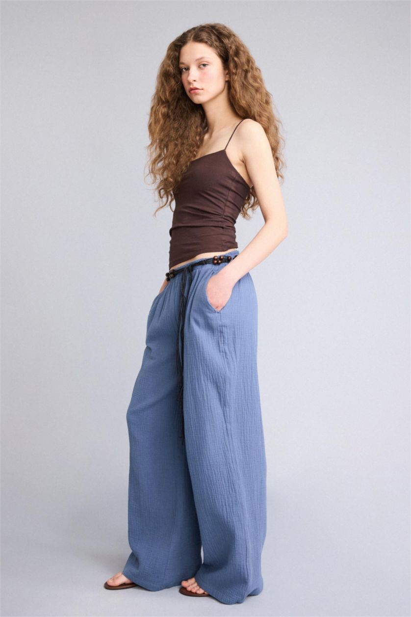 Женщины Голубрй Муслиновые брюки Wide Leg стандартной длины с нормальной посадкой и деталью кармана