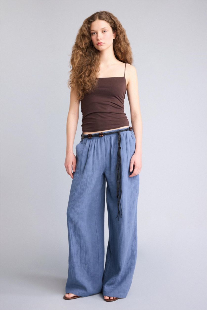 Женщины Голубрй Муслиновые брюки Wide Leg стандартной длины с нормальной посадкой и деталью кармана