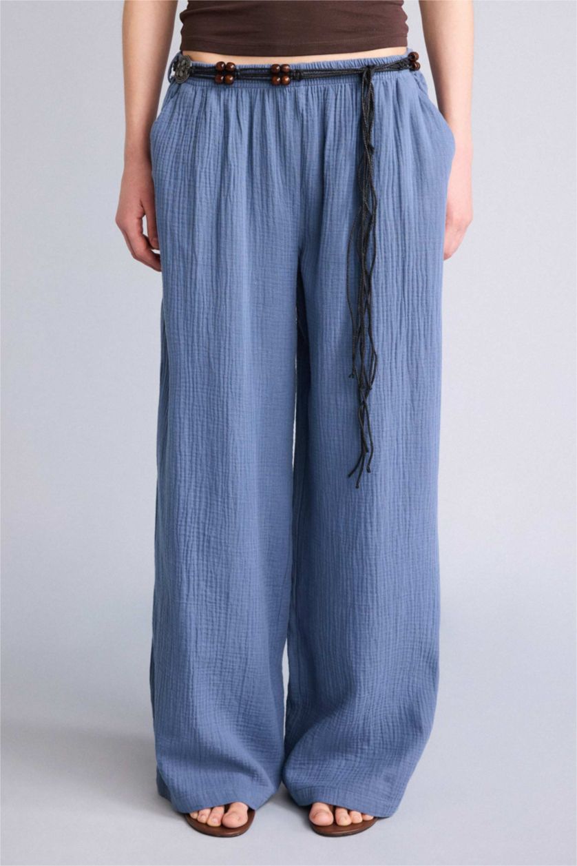 Женщины Голубрй Муслиновые брюки Wide Leg стандартной длины с нормальной посадкой и деталью кармана