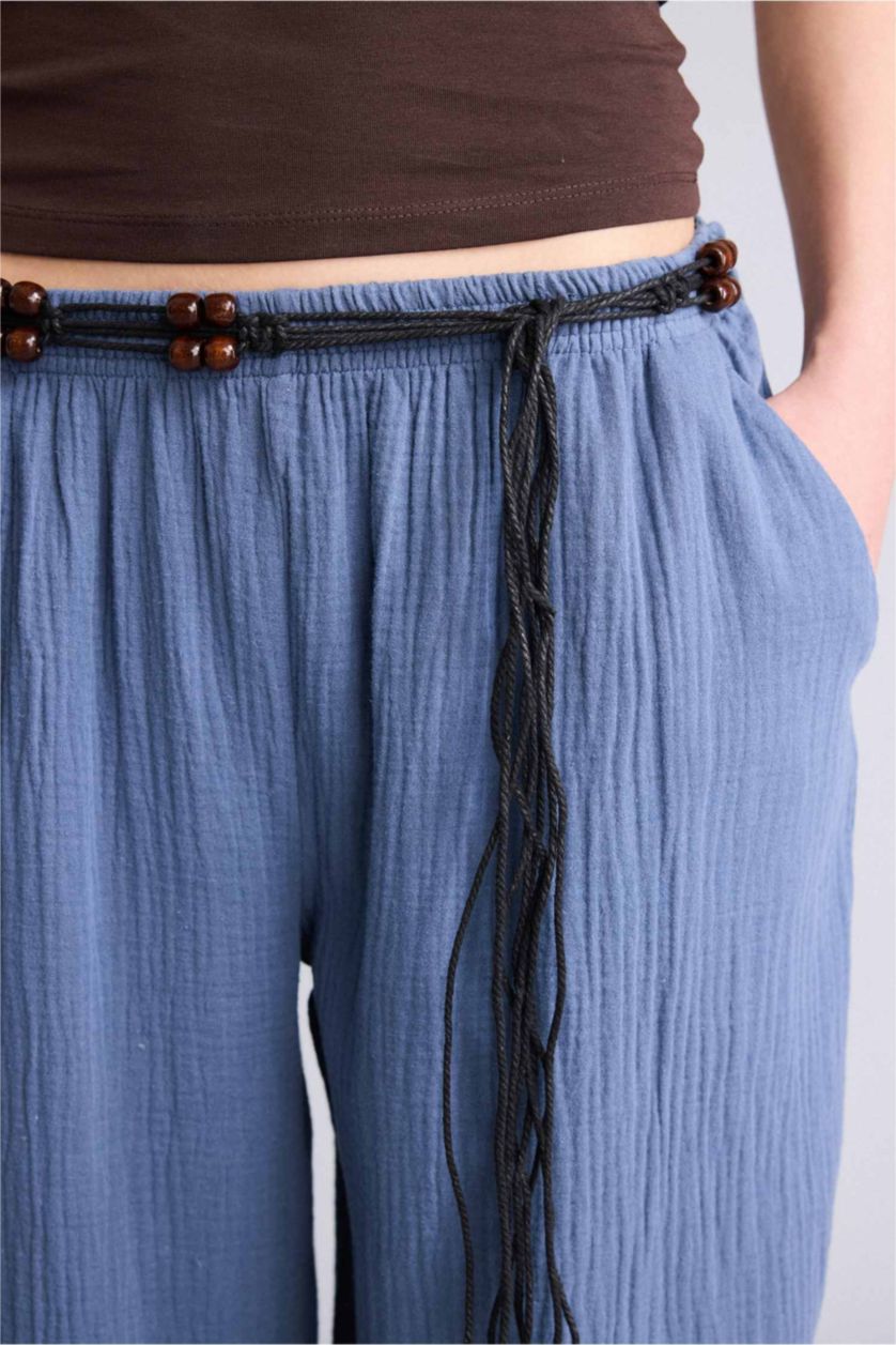 Женщины Голубрй Муслиновые брюки Wide Leg стандартной длины с нормальной посадкой и деталью кармана