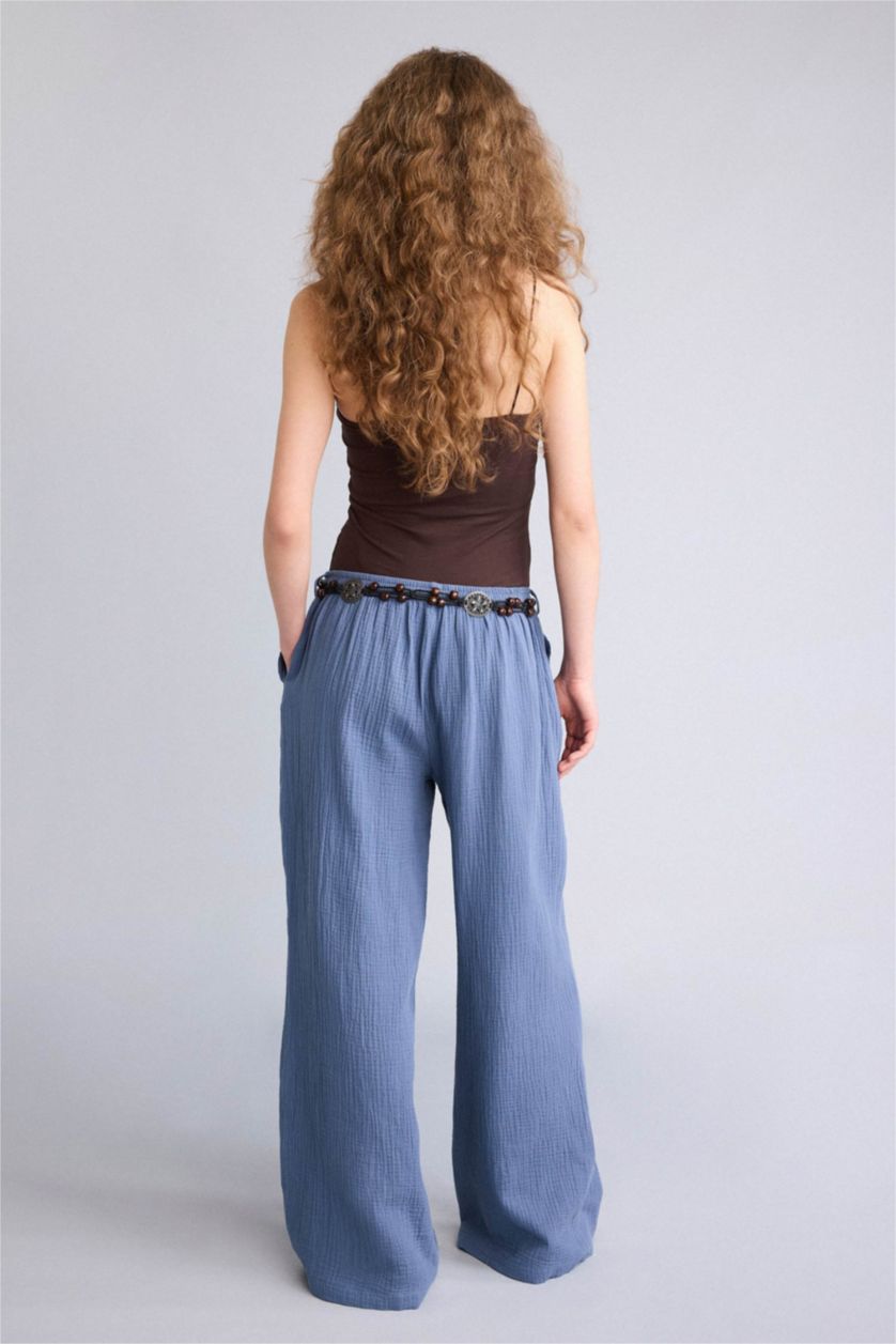 Женщины Голубрй Муслиновые брюки Wide Leg стандартной длины с нормальной посадкой и деталью кармана