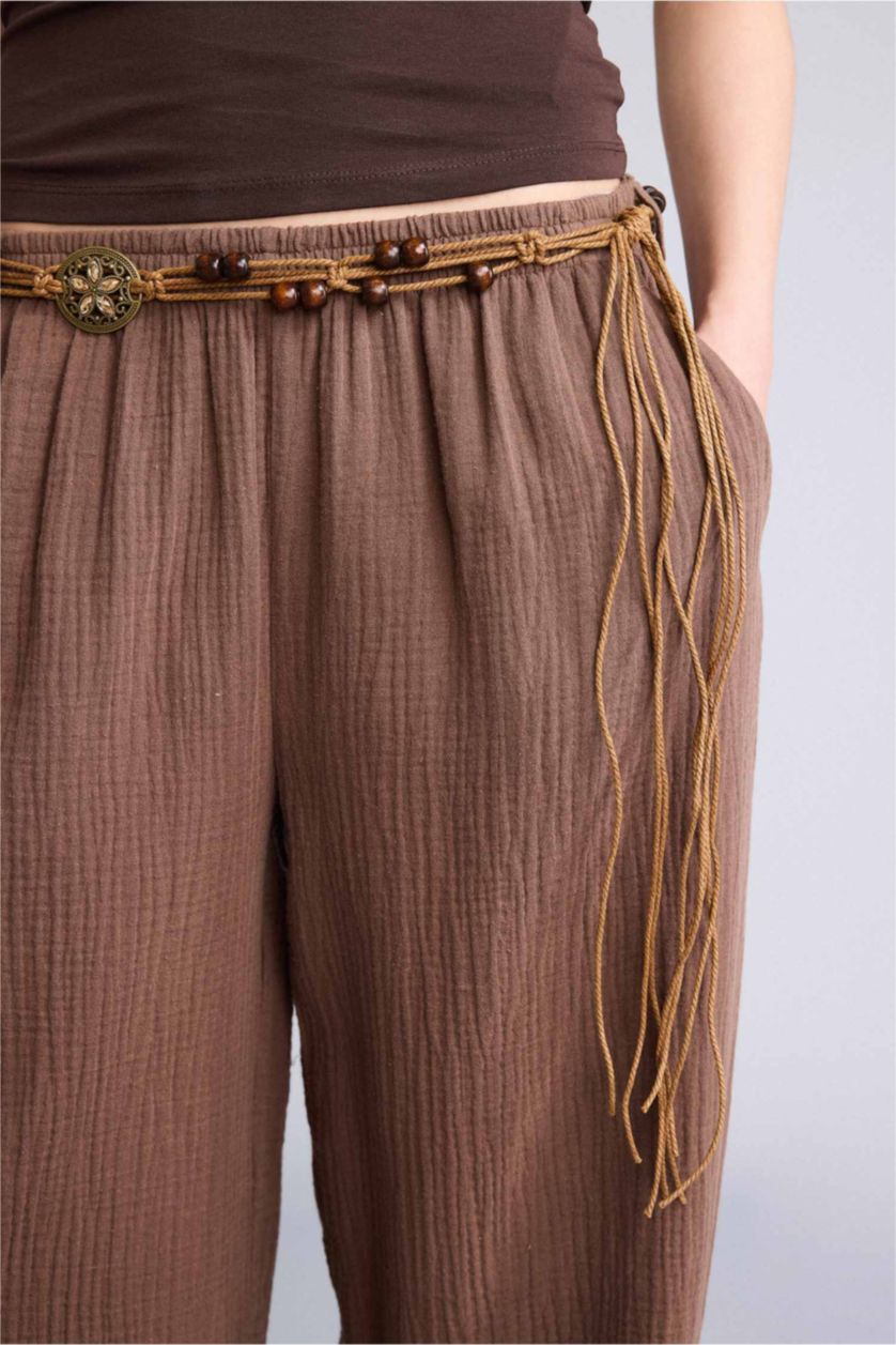 Женщины Коричневый Муслиновые брюки Wide Leg стандартной длины с нормальной посадкой и деталью кармана