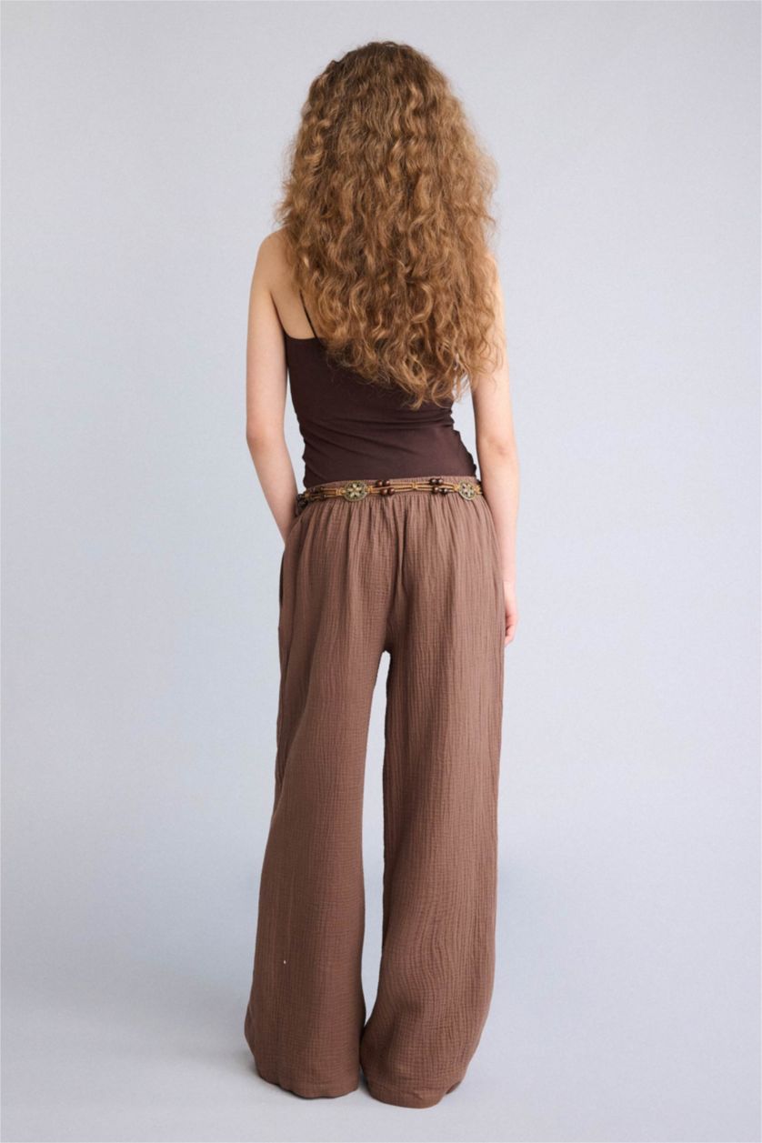 Женщины Коричневый Муслиновые брюки Wide Leg стандартной длины с нормальной посадкой и деталью кармана