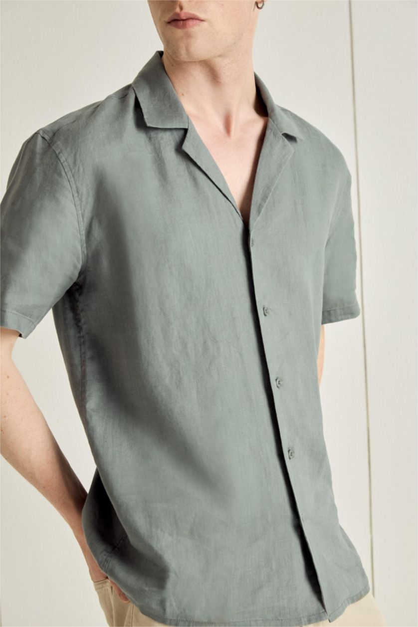 Erkek Yeşil Regular Fıt Polo Yaka Keten Kısa Kollu Gömlek