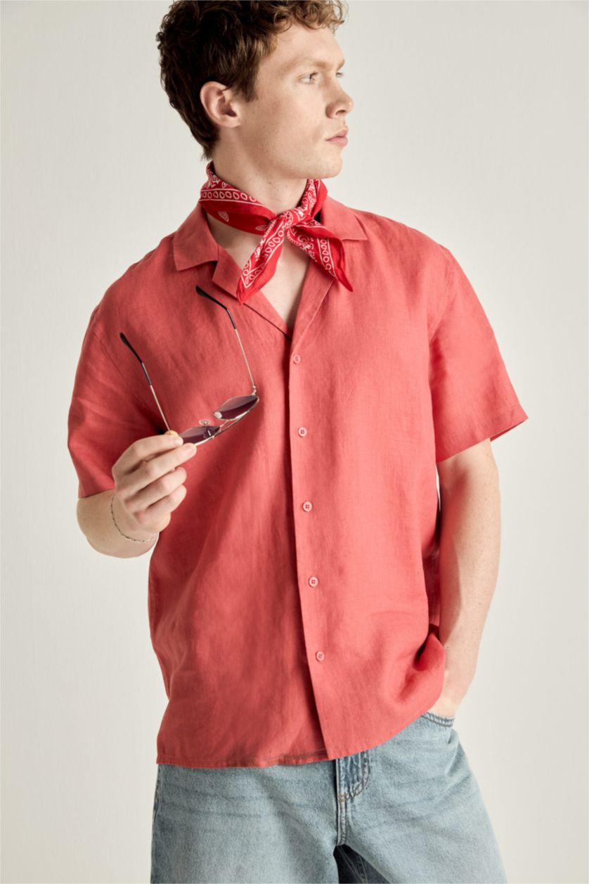 MAN Coral Regular Fit Linen Short Sleeve Shirt