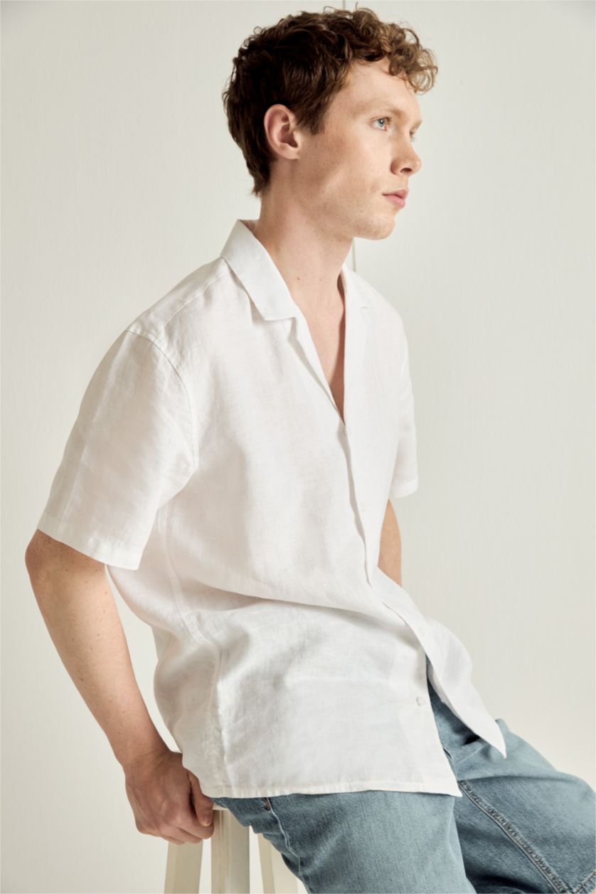 Мужчины Кремовый Льняная рубашка Regular Fit с воротником поло и коротким рукавом