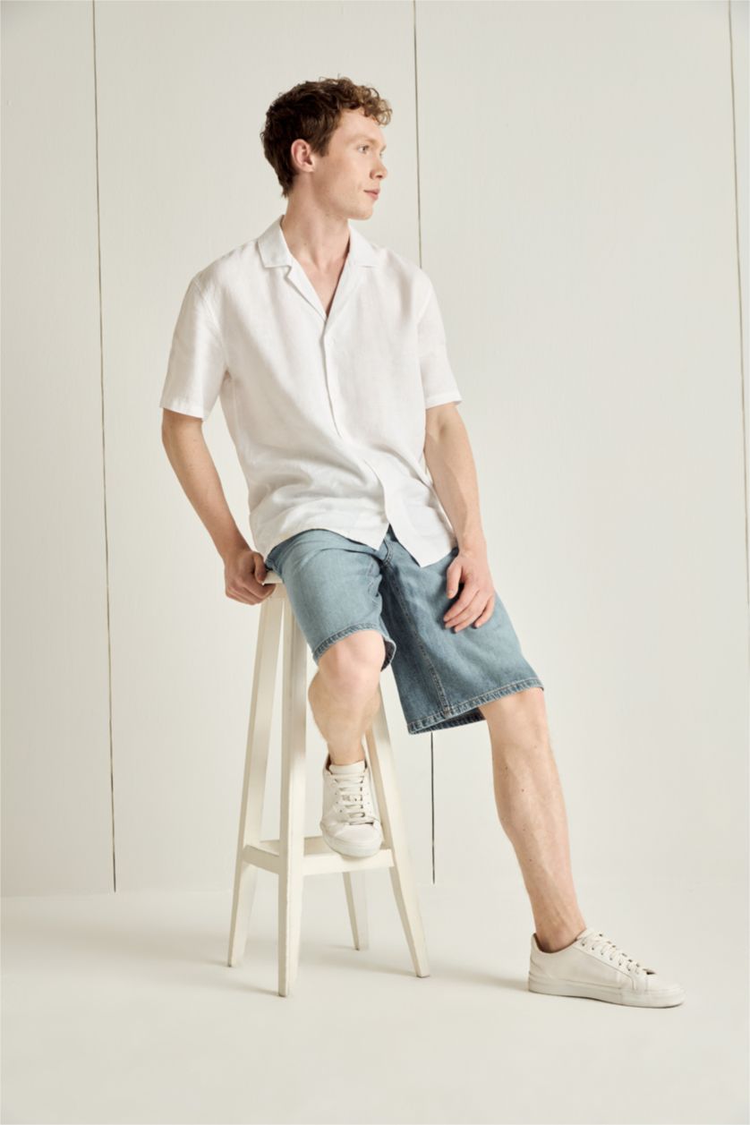 Мужчины Кремовый Льняная рубашка Regular Fit с воротником поло и коротким рукавом