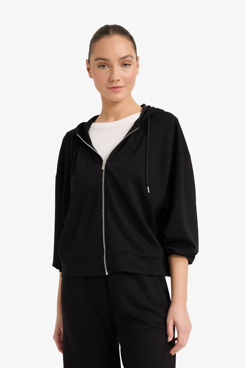 Kadın Siyah Boxy Fit Fermuarlı Sweatshirt