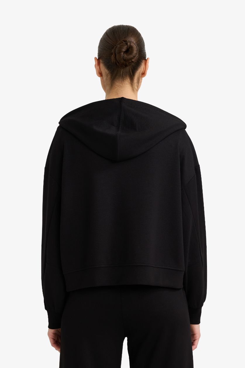 Kadın Siyah Boxy Fit Fermuarlı Sweatshirt