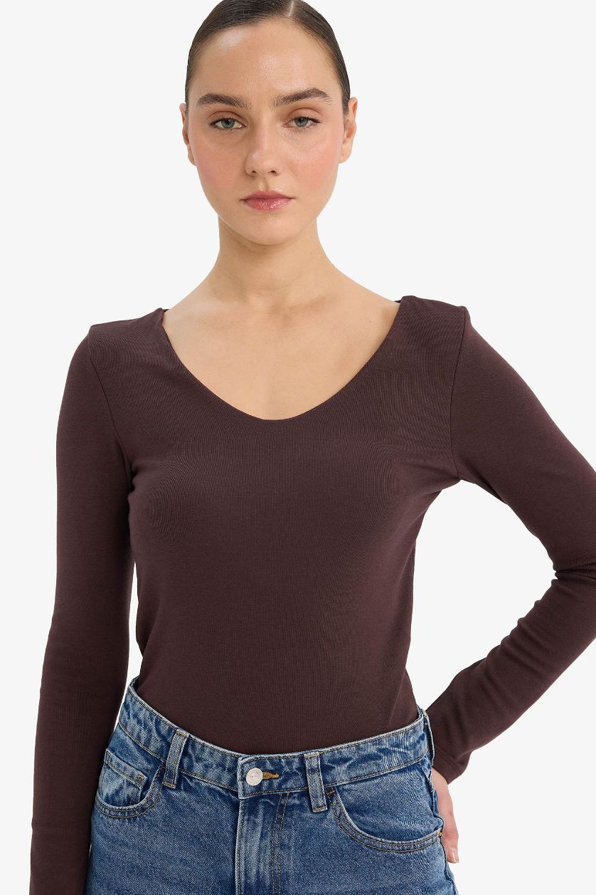 WOMAN Brown Slim Fit Basic Modal Long Sleeve T-Shirt