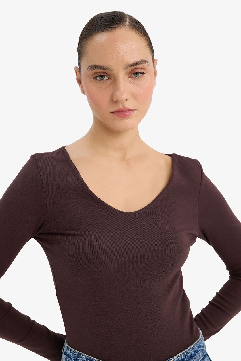 WOMAN Brown Slim Fit Basic Modal Long Sleeve T-Shirt