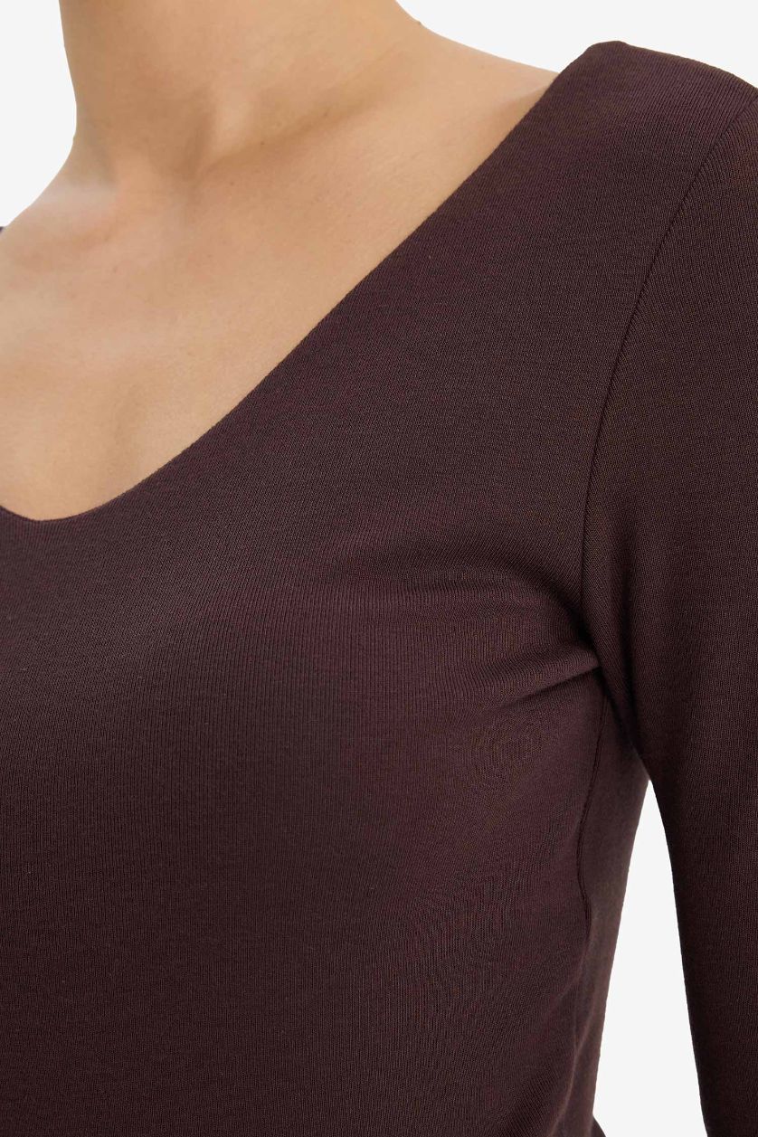 WOMAN Brown Slim Fit Basic Modal Long Sleeve T-Shirt