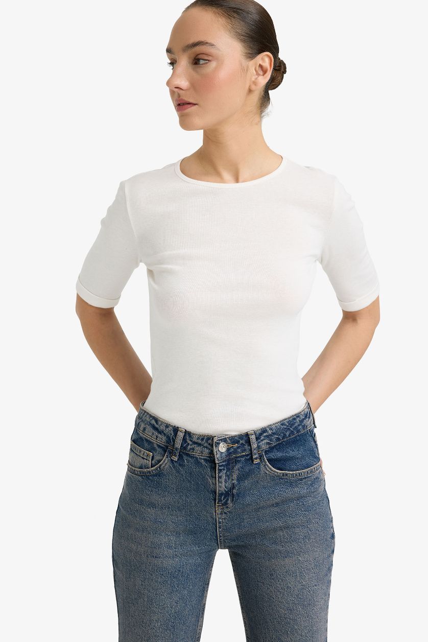 WOMAN Ecru Slim Fit Crew Neck Ribbed T-shirt