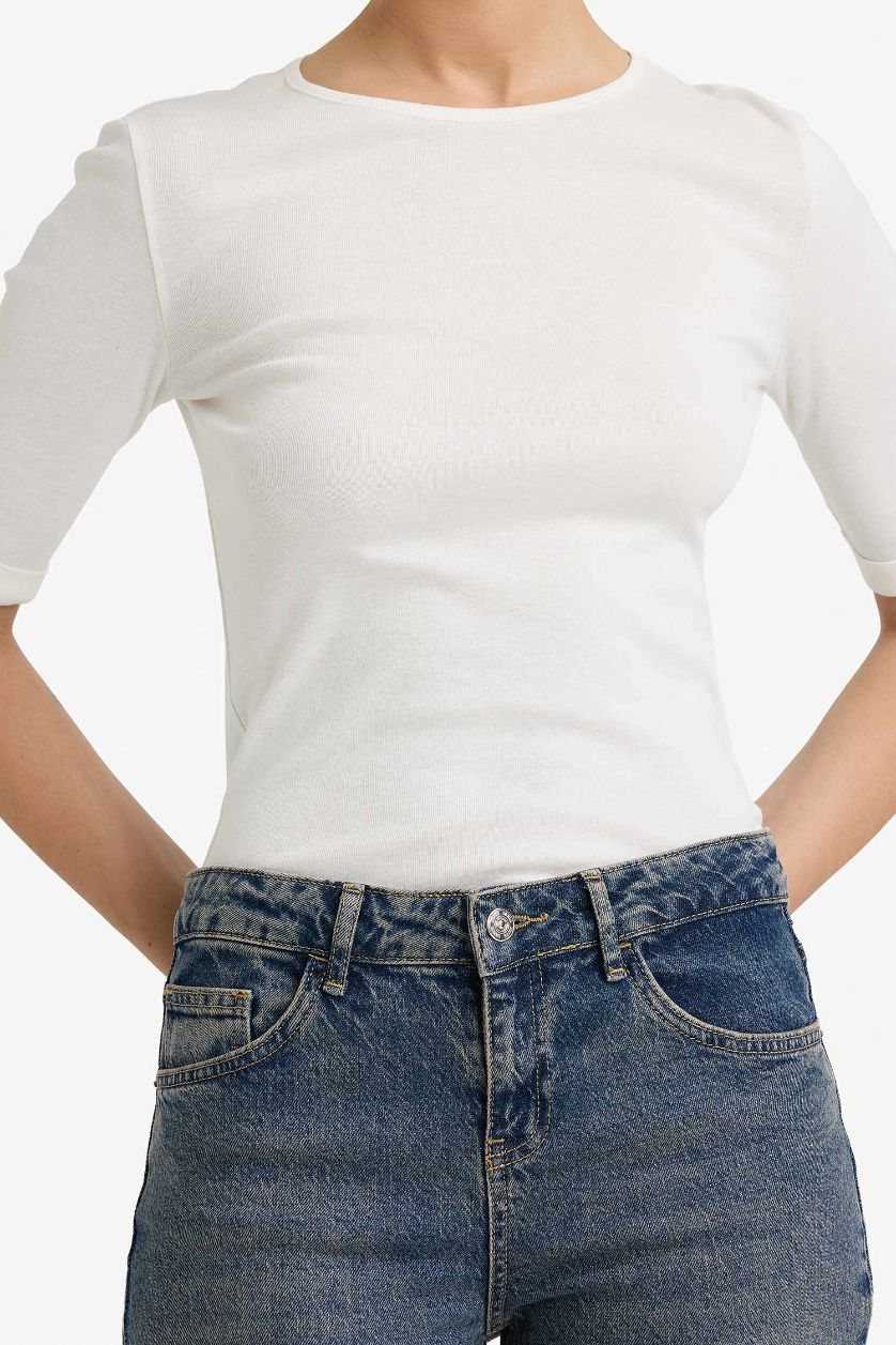 WOMAN Ecru Slim Fit Crew Neck Ribbed T-shirt