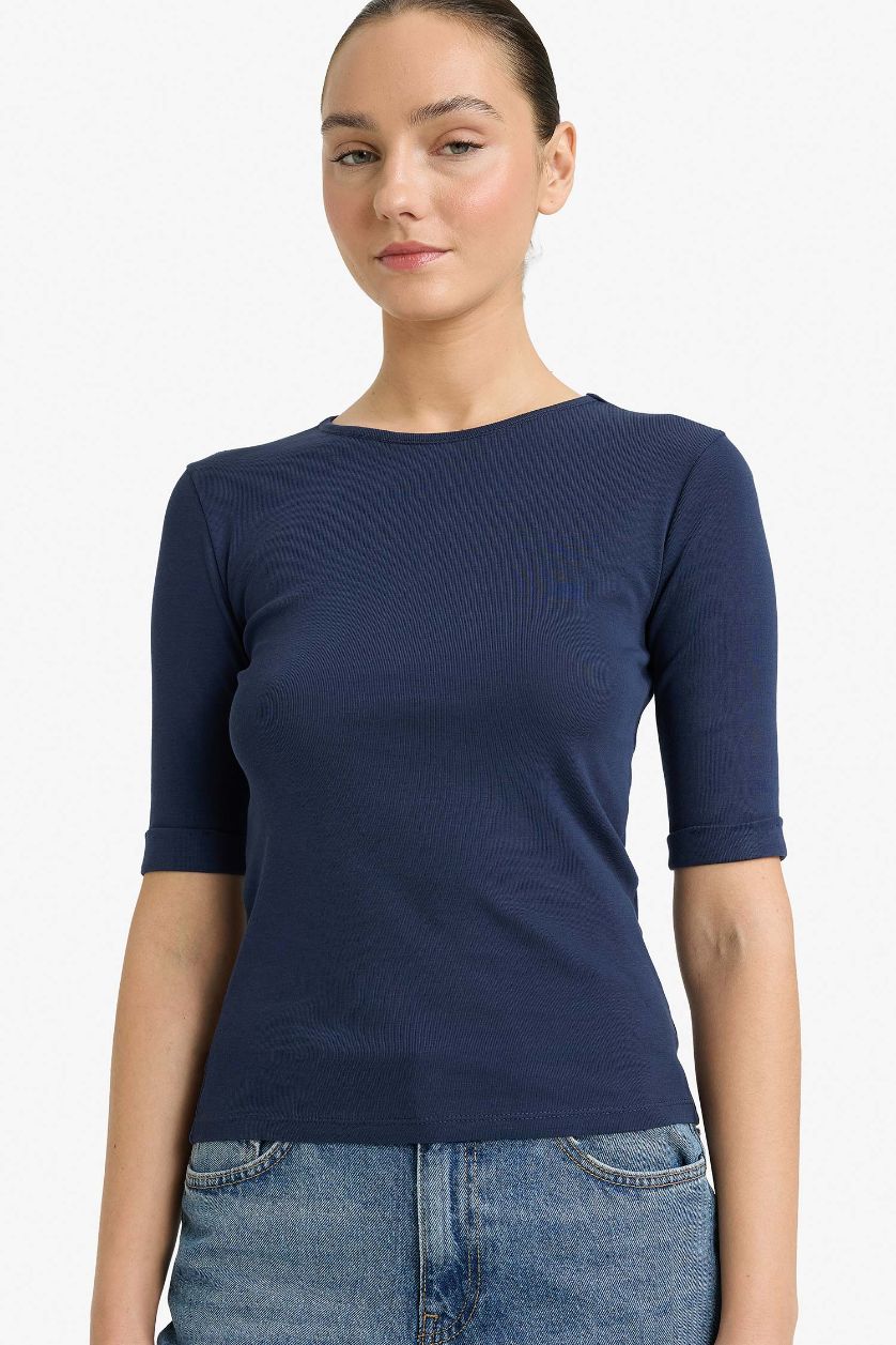 WOMAN Indigo Slim Fit Crew Neck Ribbed T-Shirt