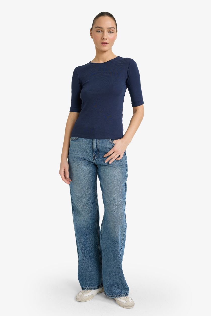 WOMAN Indigo Slim Fit Crew Neck Ribbed T-Shirt