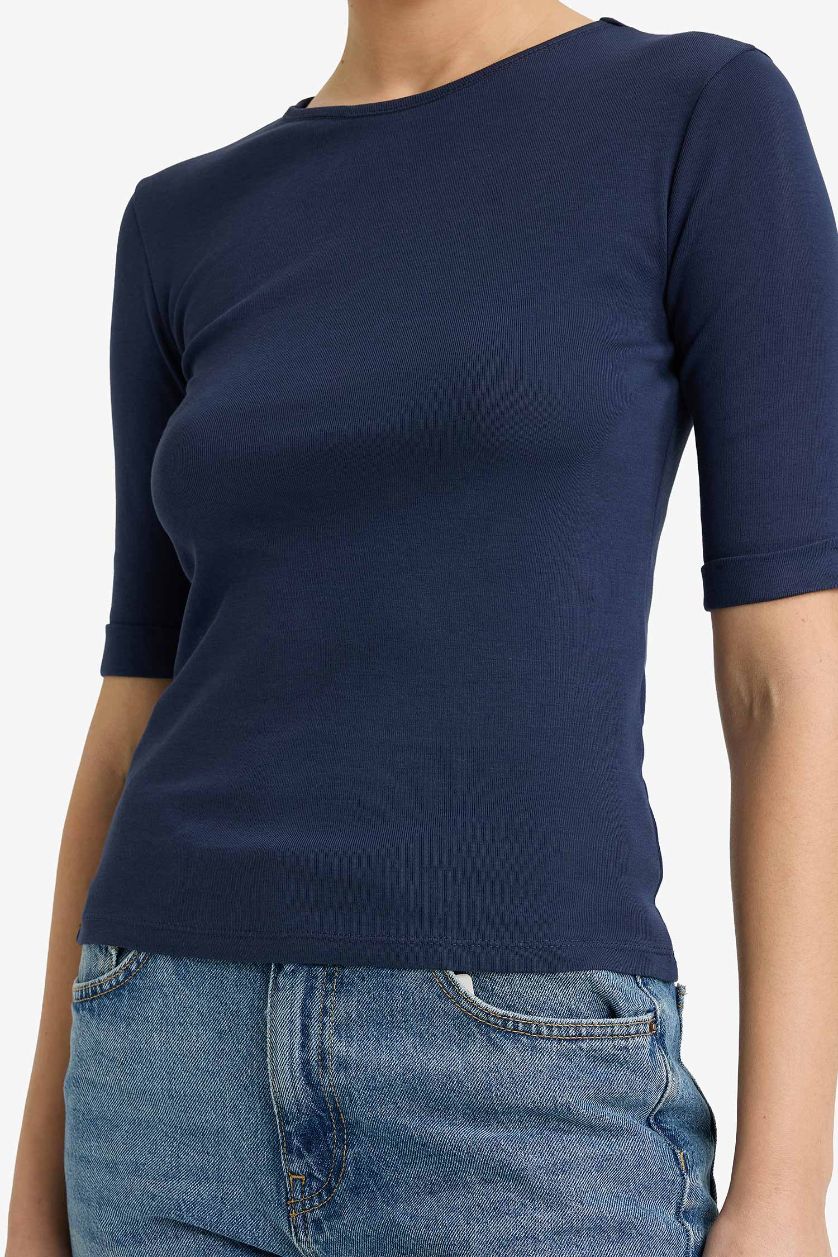 WOMAN Indigo Slim Fit Crew Neck Ribbed T-Shirt