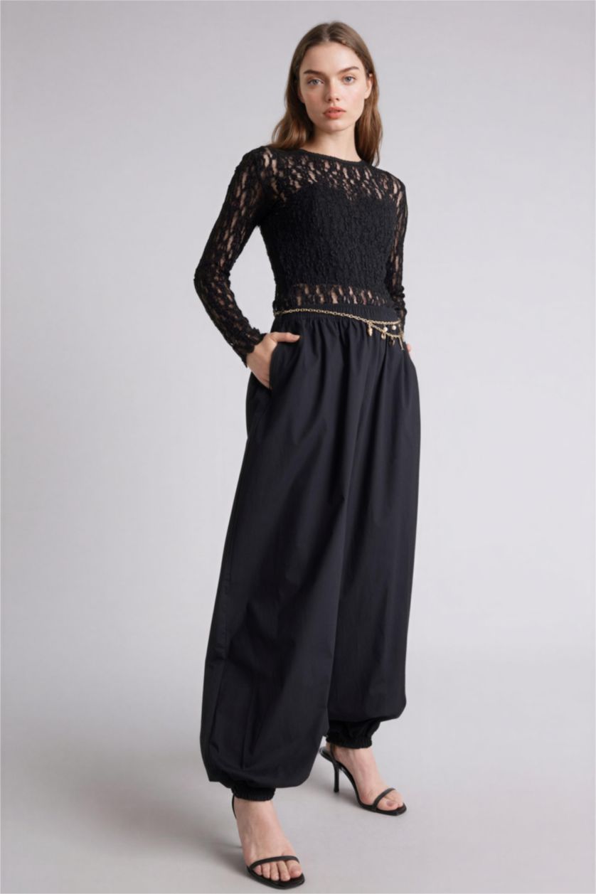 نساء أسود سروال بوبلين بالون فيت