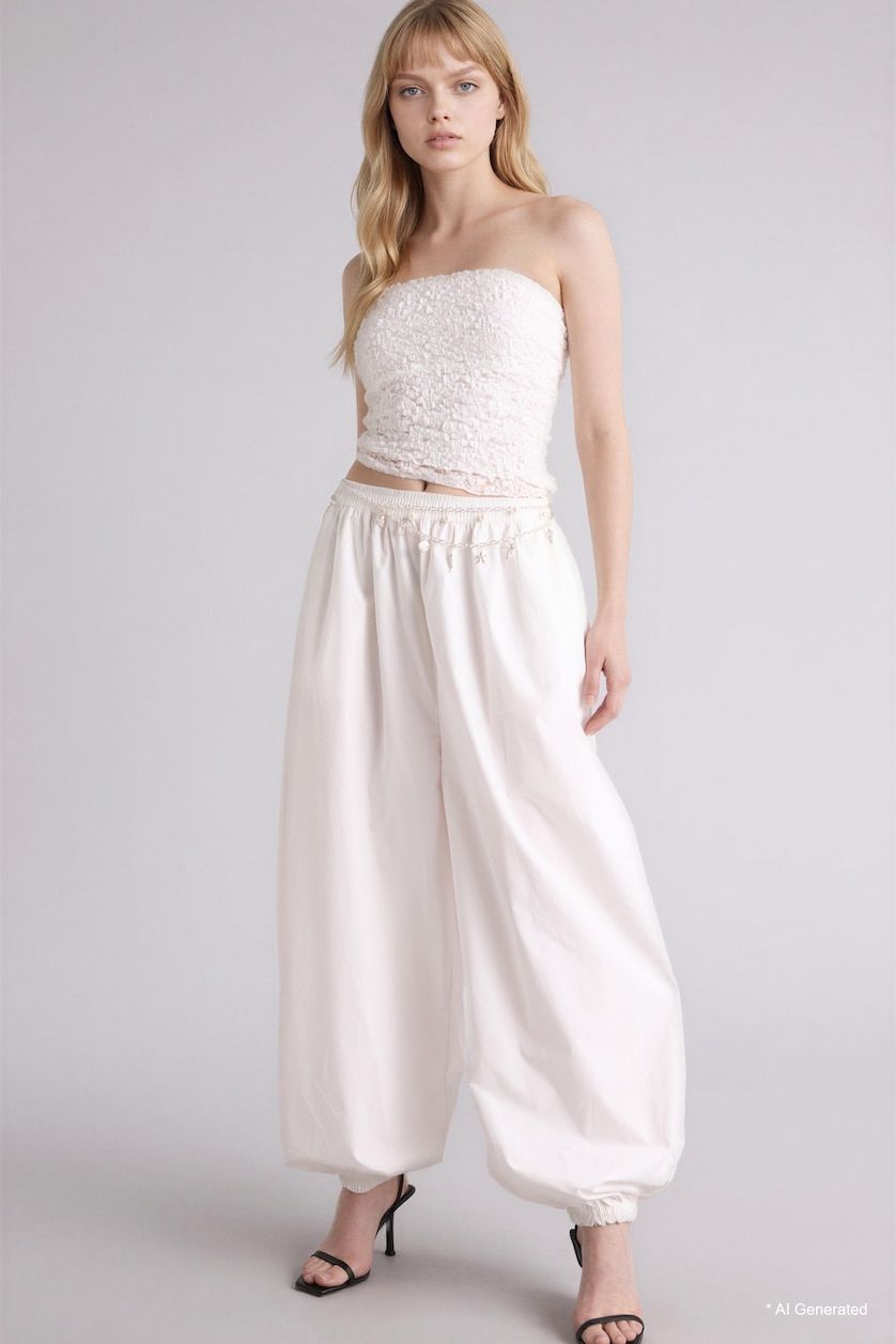 FEMME Blanc Pantalon en popeline taille normale Coupe ballon