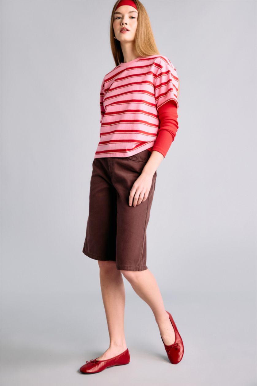 Әйелдерге Қоңыр Орташа белді тік балақ габардин бермуд