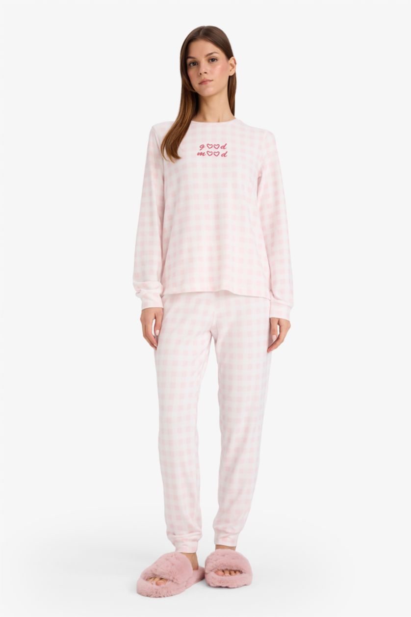 FEMME Rose Clair Ensemble pyjama à carreaux à manches longues et Pantalon Coupe régulière