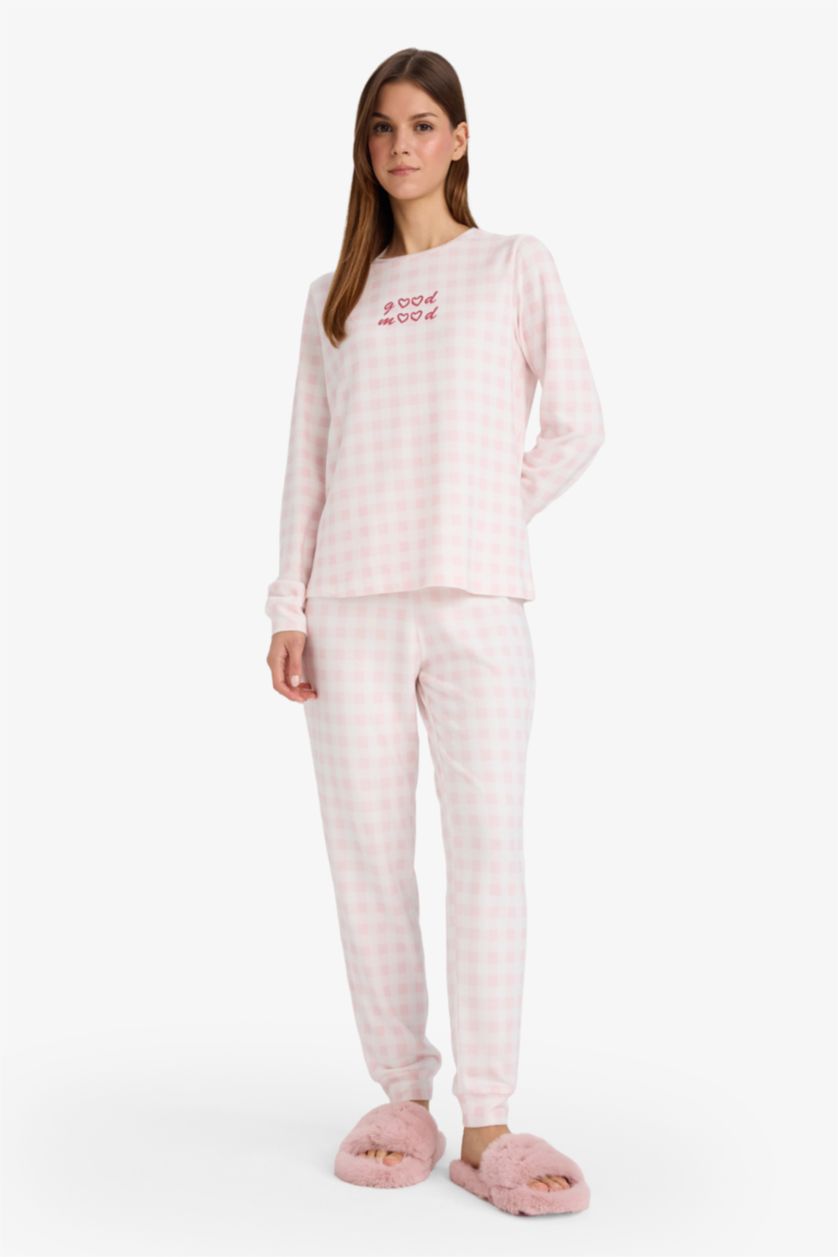 FEMME Rose Clair Ensemble pyjama à carreaux à manches longues et Pantalon Coupe régulière