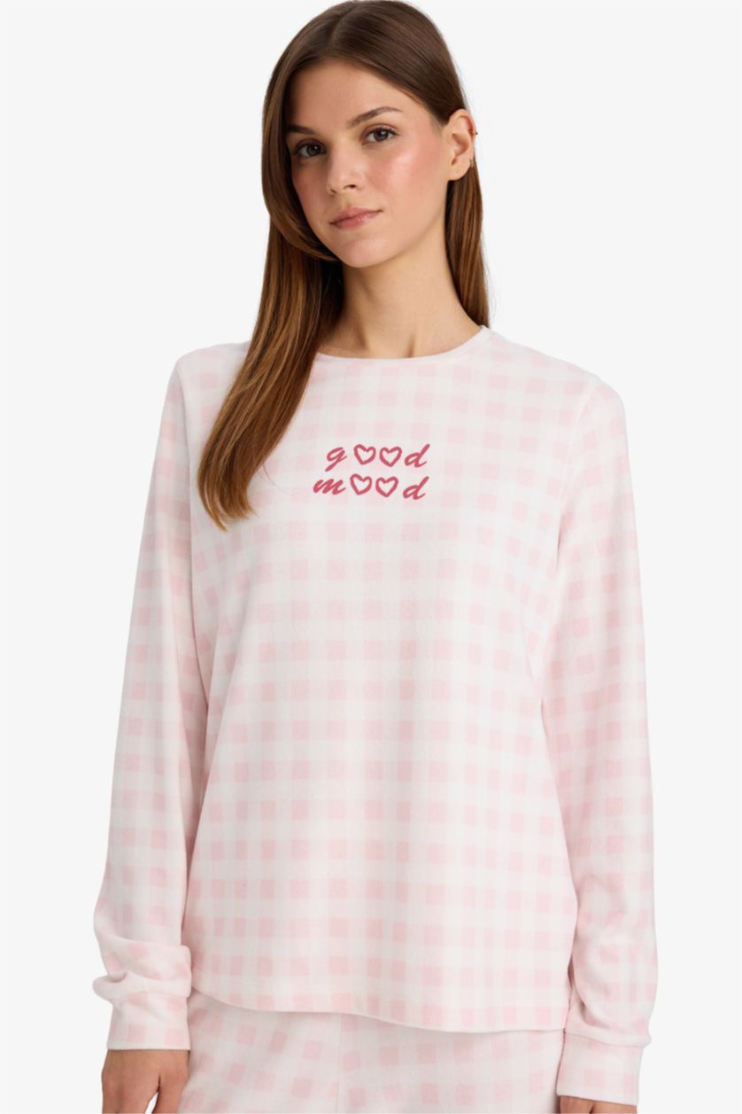 FEMME Rose Clair Ensemble pyjama à carreaux à manches longues et Pantalon Coupe régulière