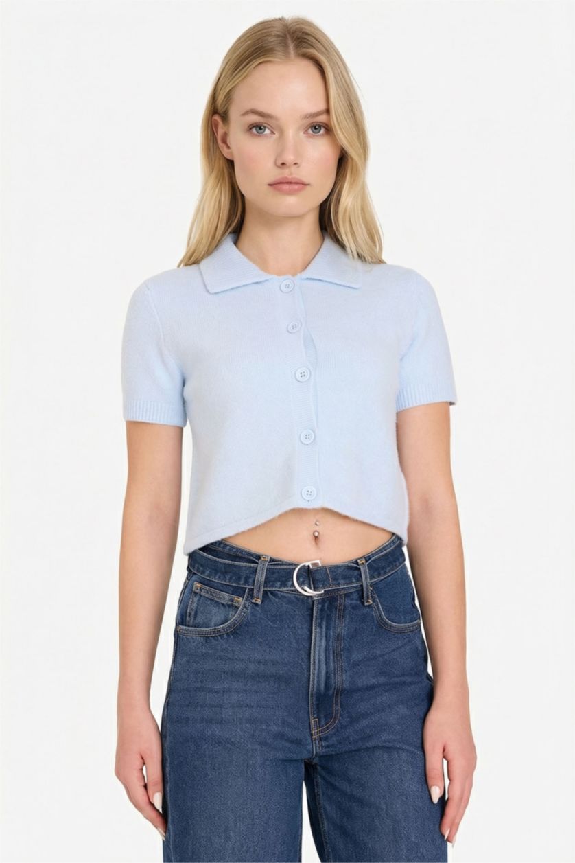 Woman Light Blue Regular Fit Polo Collar Cardigan