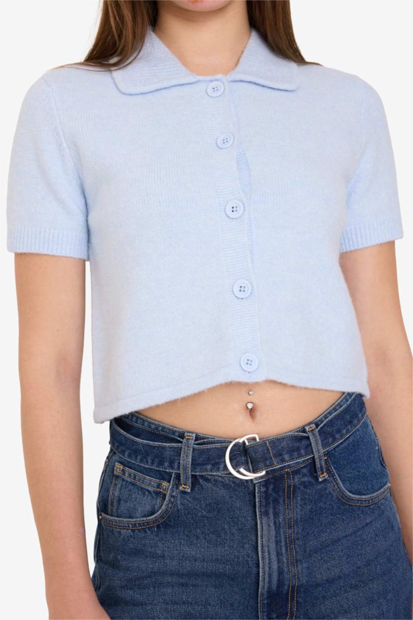 Woman Light Blue Regular Fit Polo Collar Cardigan