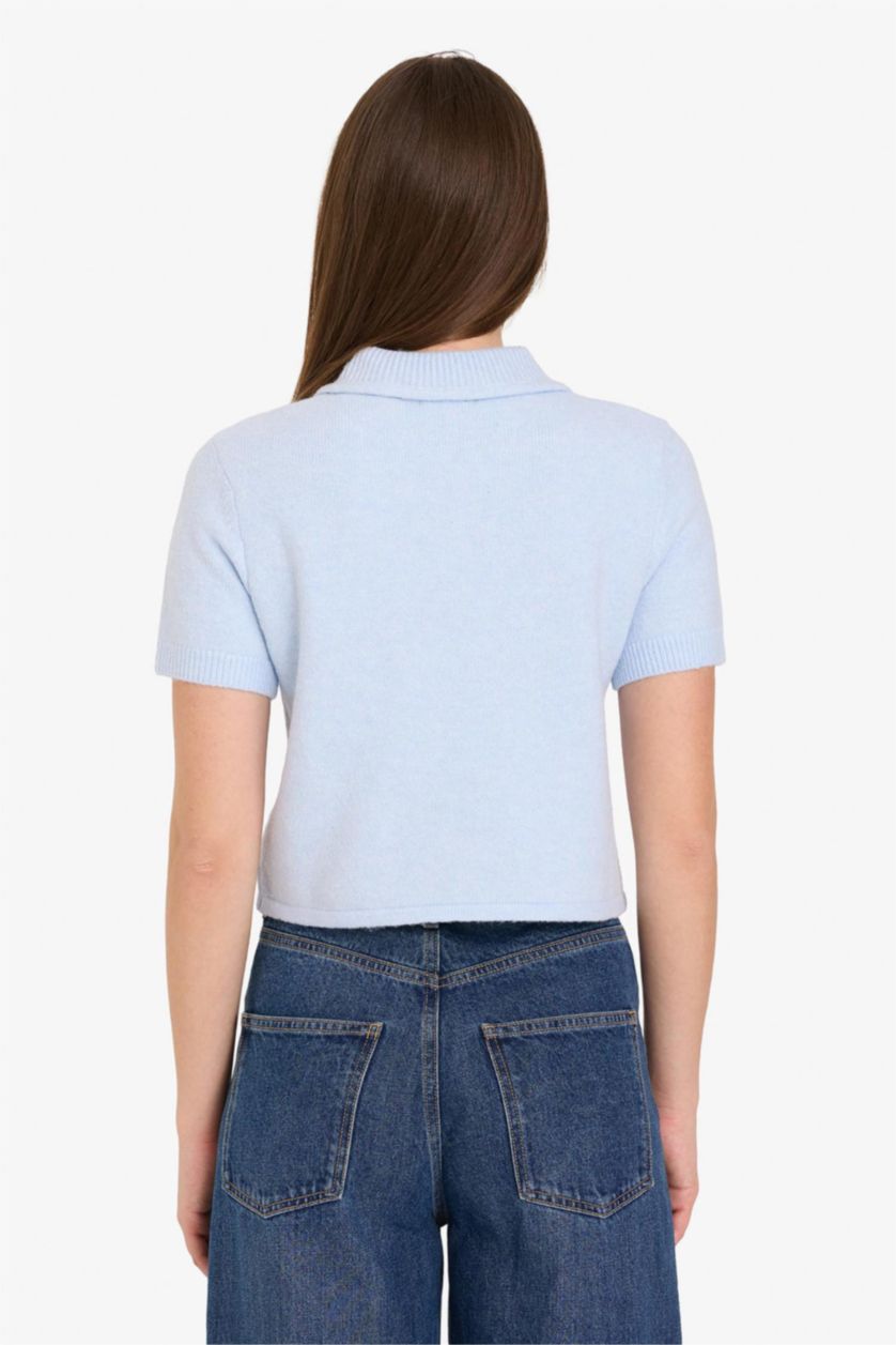 Woman Light Blue Regular Fit Polo Collar Cardigan