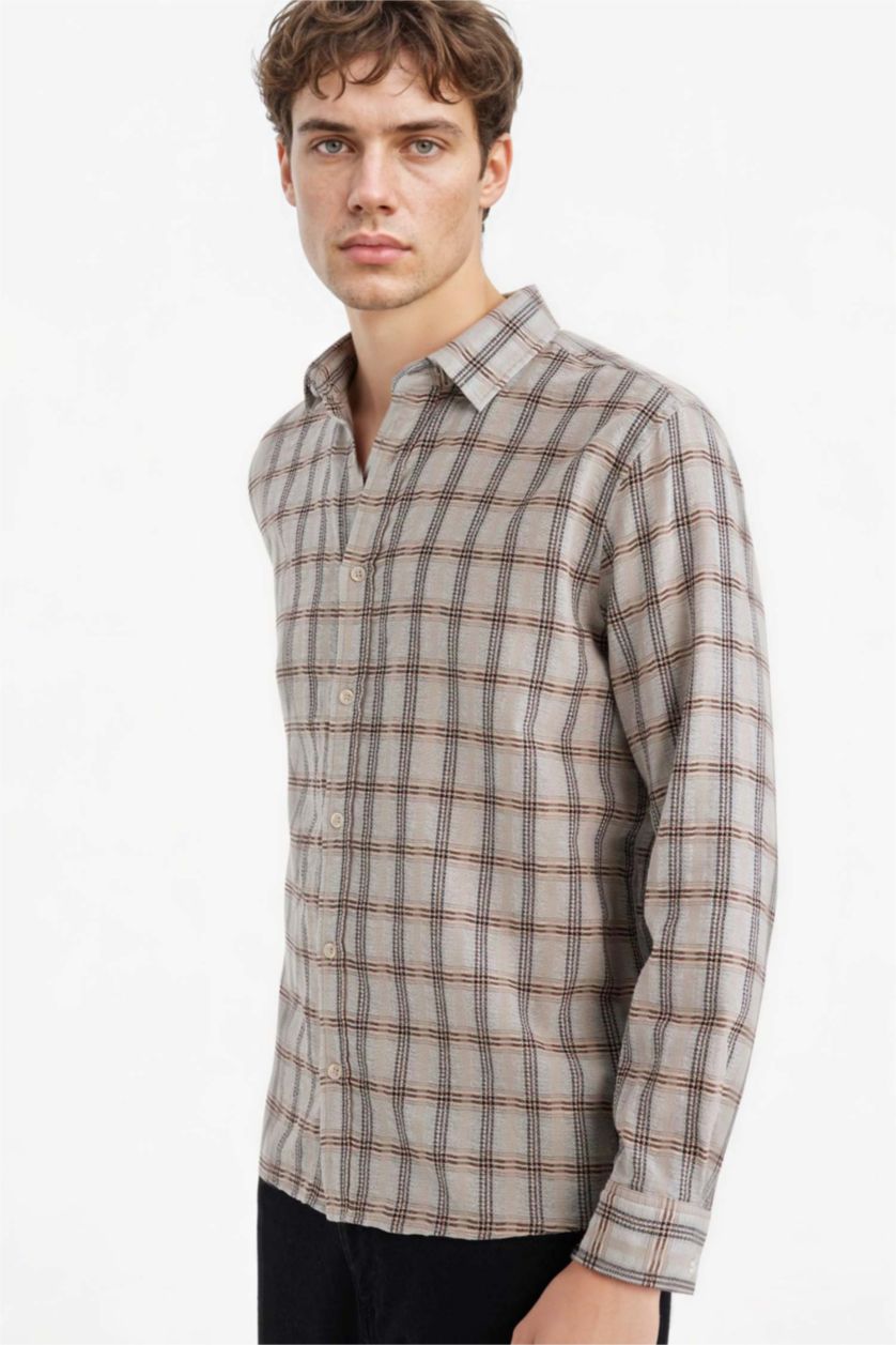 رجالي نعناع Regular Fit Polo Collar Flannel Long Sleeve Shirt