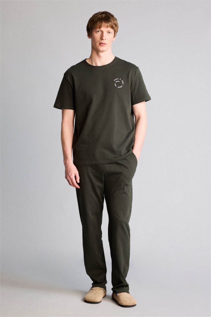 Erkek Haki Regular Fıt Slogan Baskılı Kısa Kollu 2'li Ribana Takım