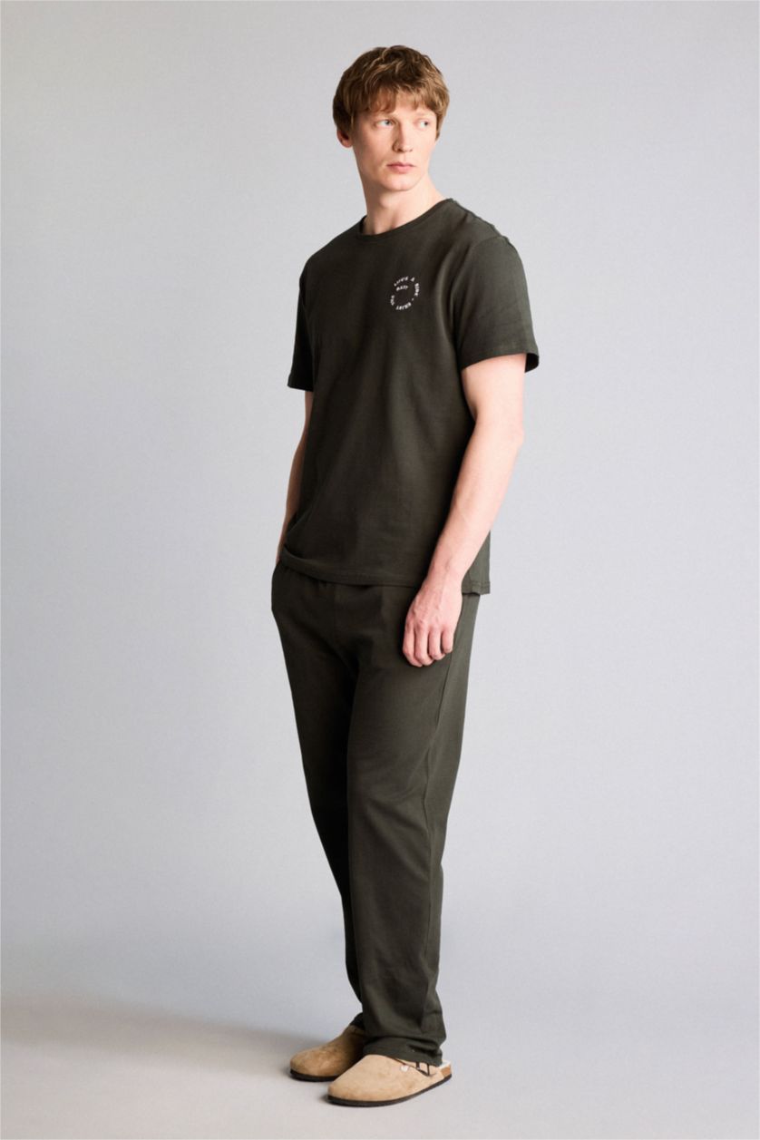 Erkek Haki Regular Fıt Slogan Baskılı Kısa Kollu 2'li Ribana Takım