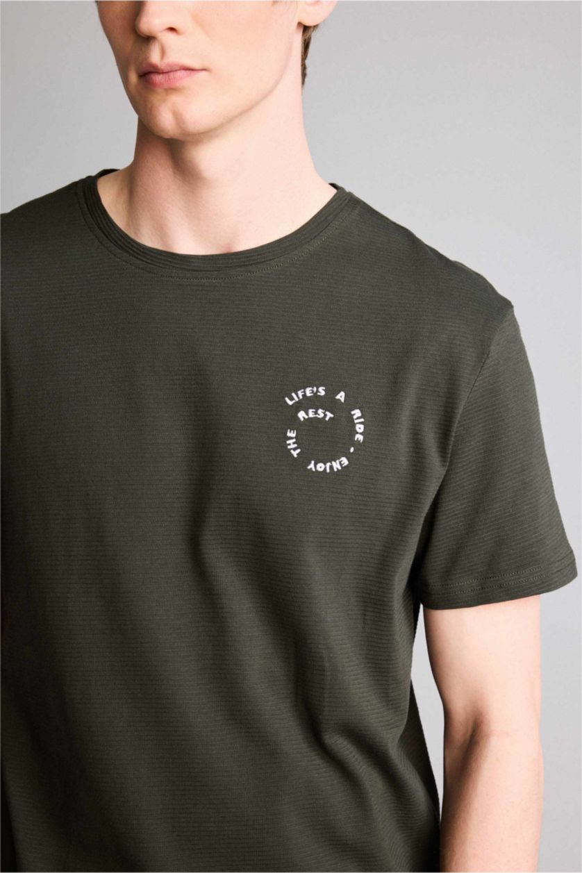 Erkek Haki Regular Fıt Slogan Baskılı Kısa Kollu 2'li Ribana Takım