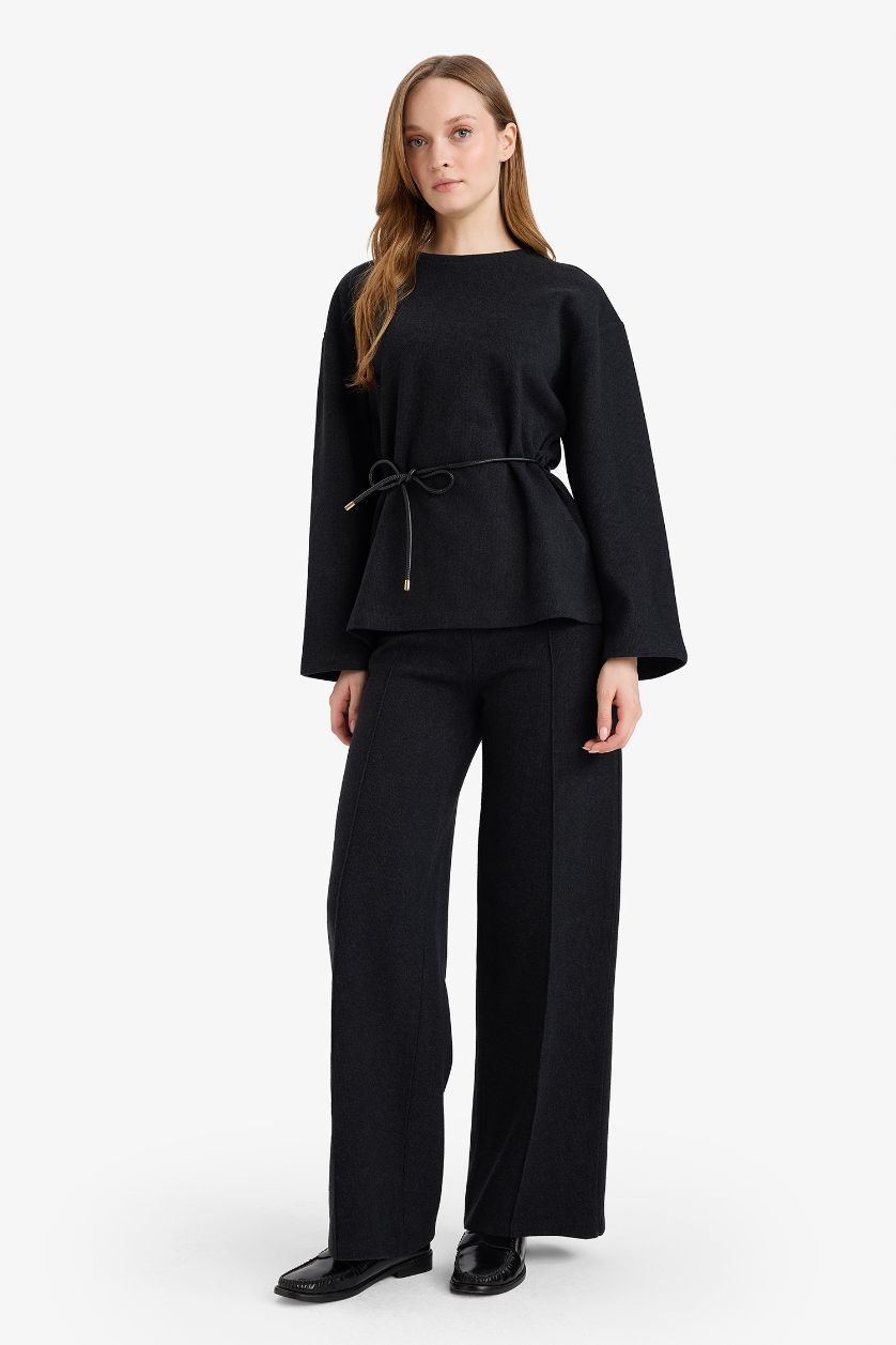 Woman Anthracite Melange Wide Leg Straight Leg Trousers