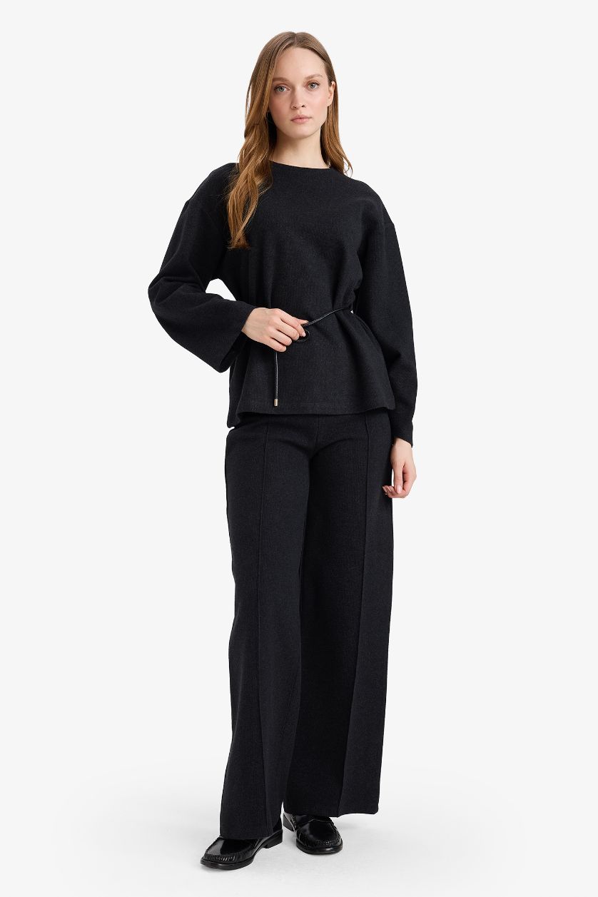 Woman Anthracite Melange Wide Leg Straight Leg Trousers