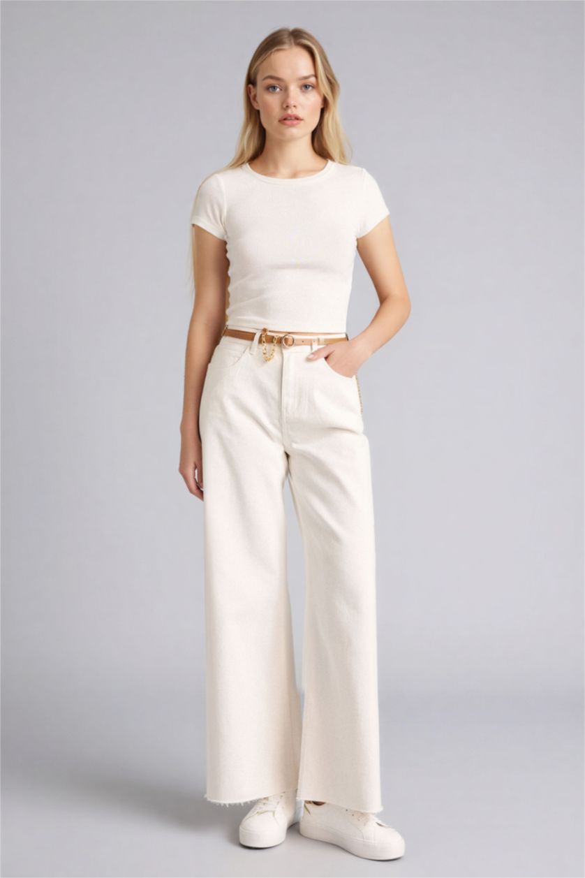 Әйелдерге АҚ Wide Leg орташа белді стандартты ұзындықтағы габардин шалбар