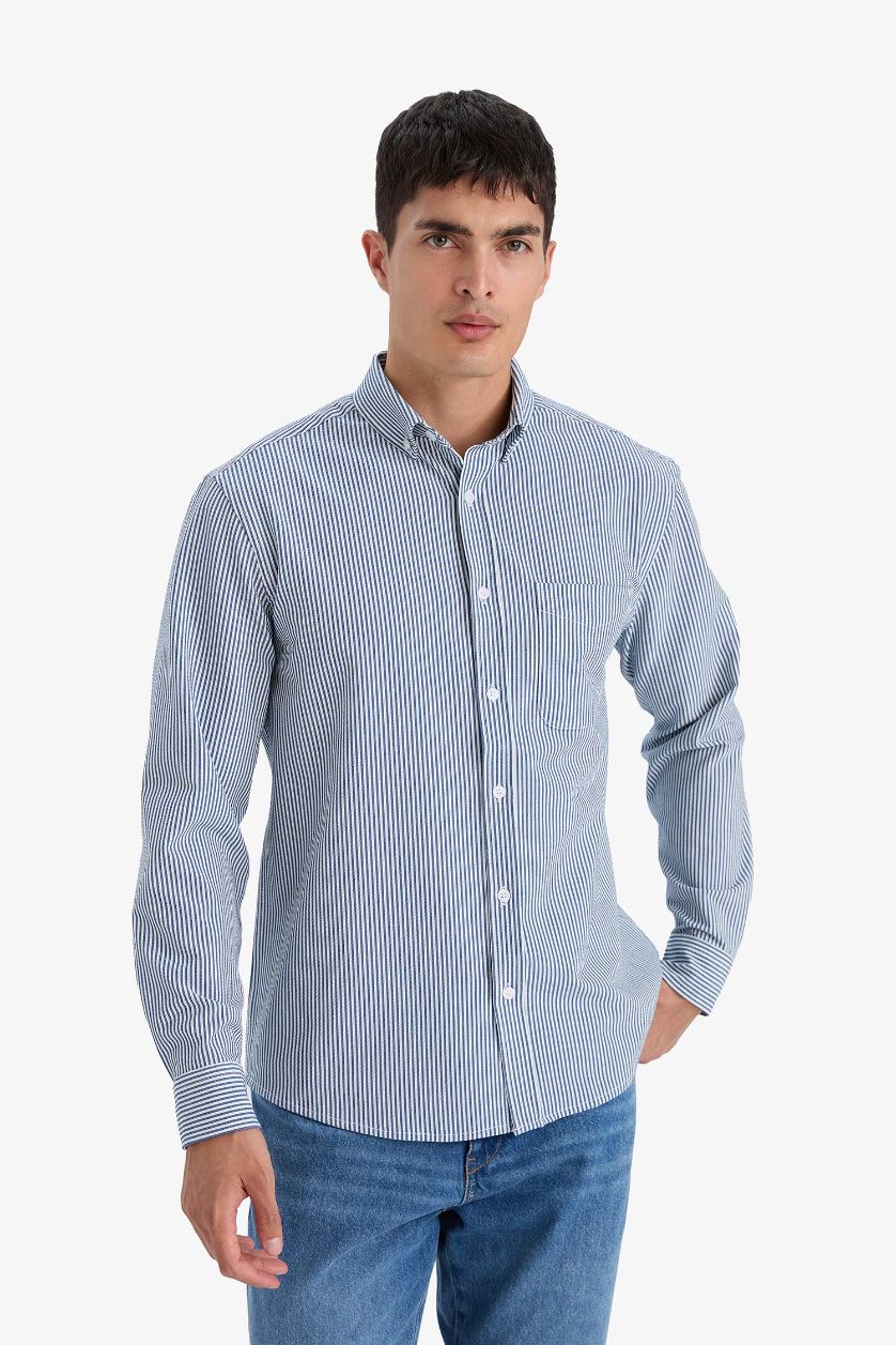 رجالي أزرق قميص بولو كرنكيل كم طويل قصة عادية