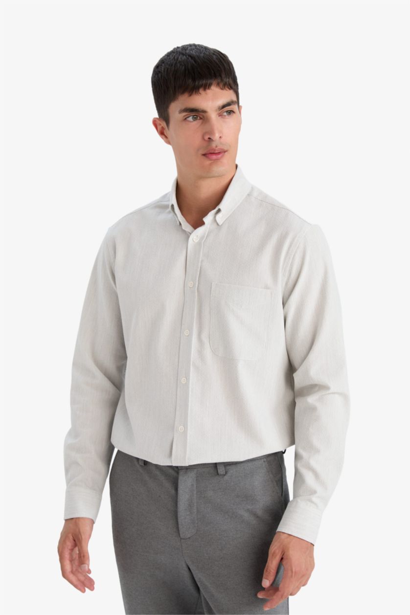 MAN Light Grey Regular Fit Polo Neck Crinkle Shirt