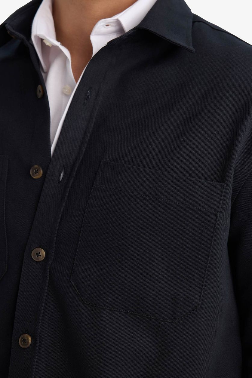 Erkek Antrasit Regular Fıt Polo Yaka Gabardin Uzun Kollu Gömlek