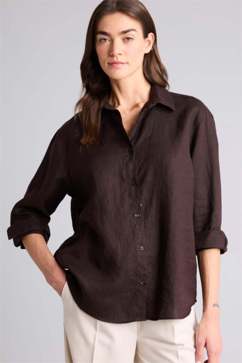 WOMAN Brown Linen Long Sleeve Oversize Shirt
