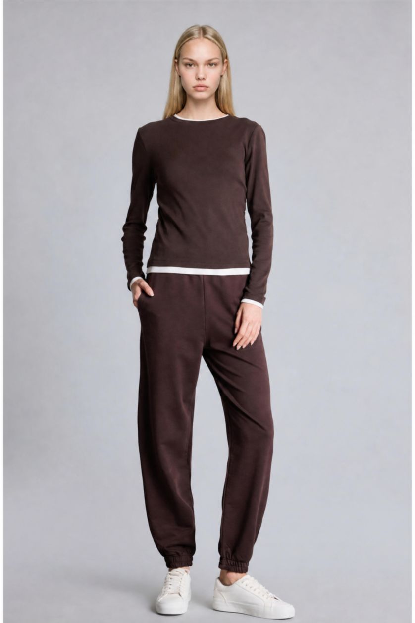 WOMAN Brown Slim Fit Ribana Long Sleeve T-Shirt