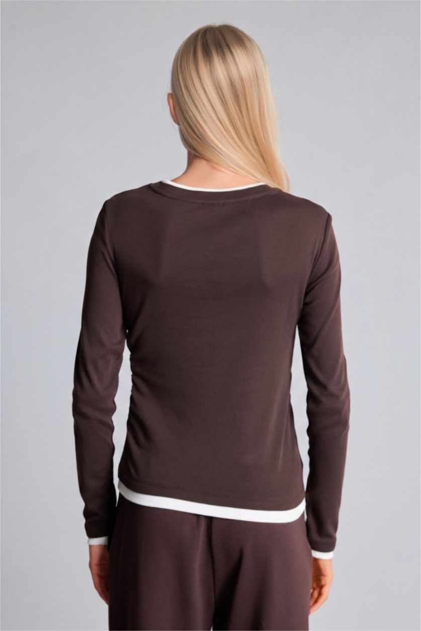WOMAN Brown Slim Fit Ribana Long Sleeve T-Shirt