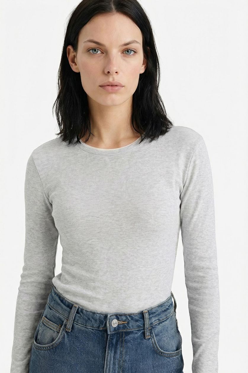 حريمي ميلانج رمادي تيشيرت كم طويل سليم فيت برقبة مستديرة