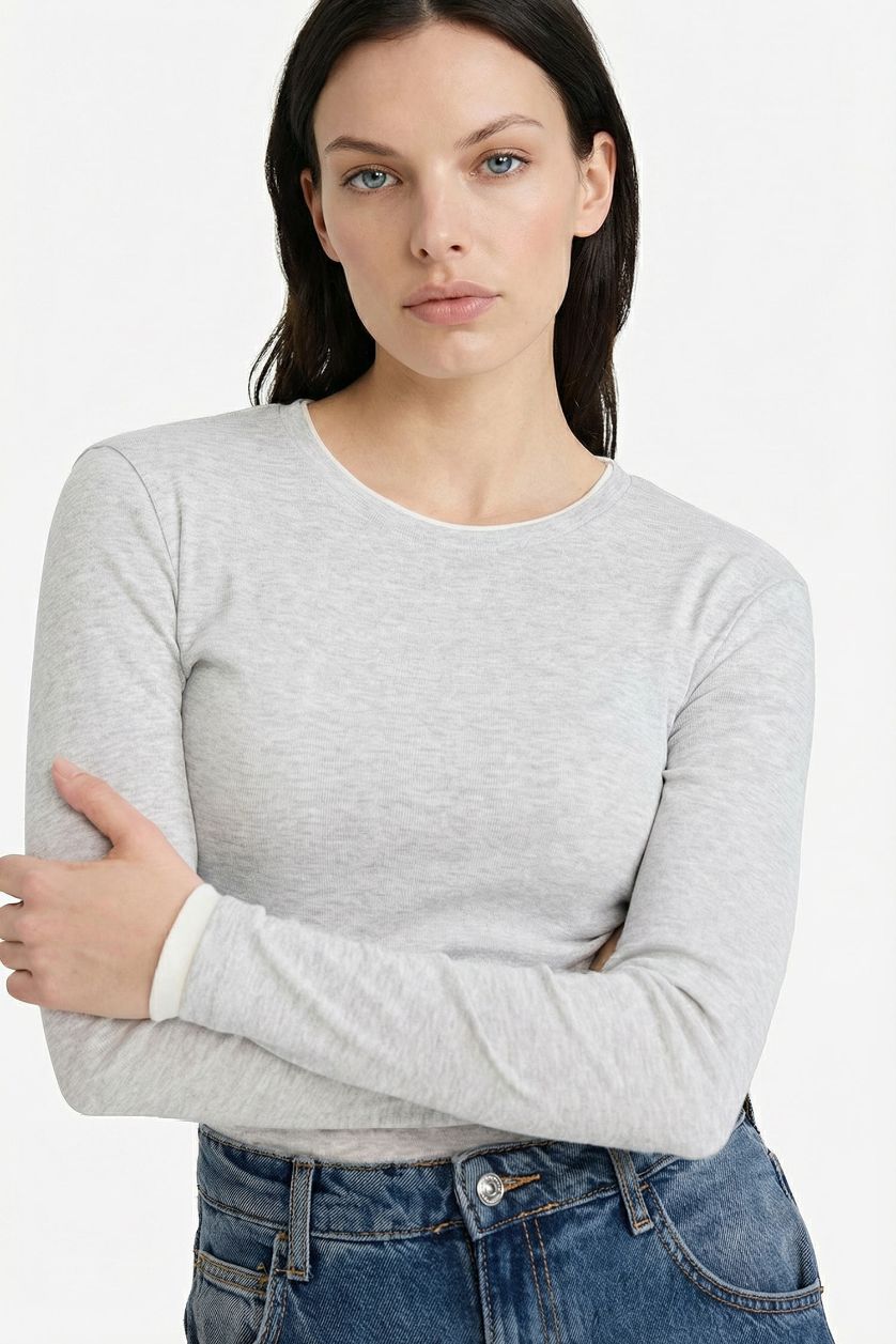 حريمي ميلانج رمادي تيشيرت كم طويل سليم فيت برقبة مستديرة