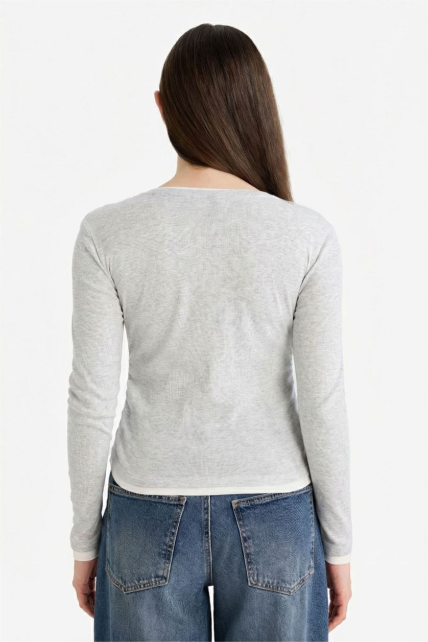 حريمي ميلانج رمادي تيشيرت كم طويل سليم فيت برقبة مستديرة